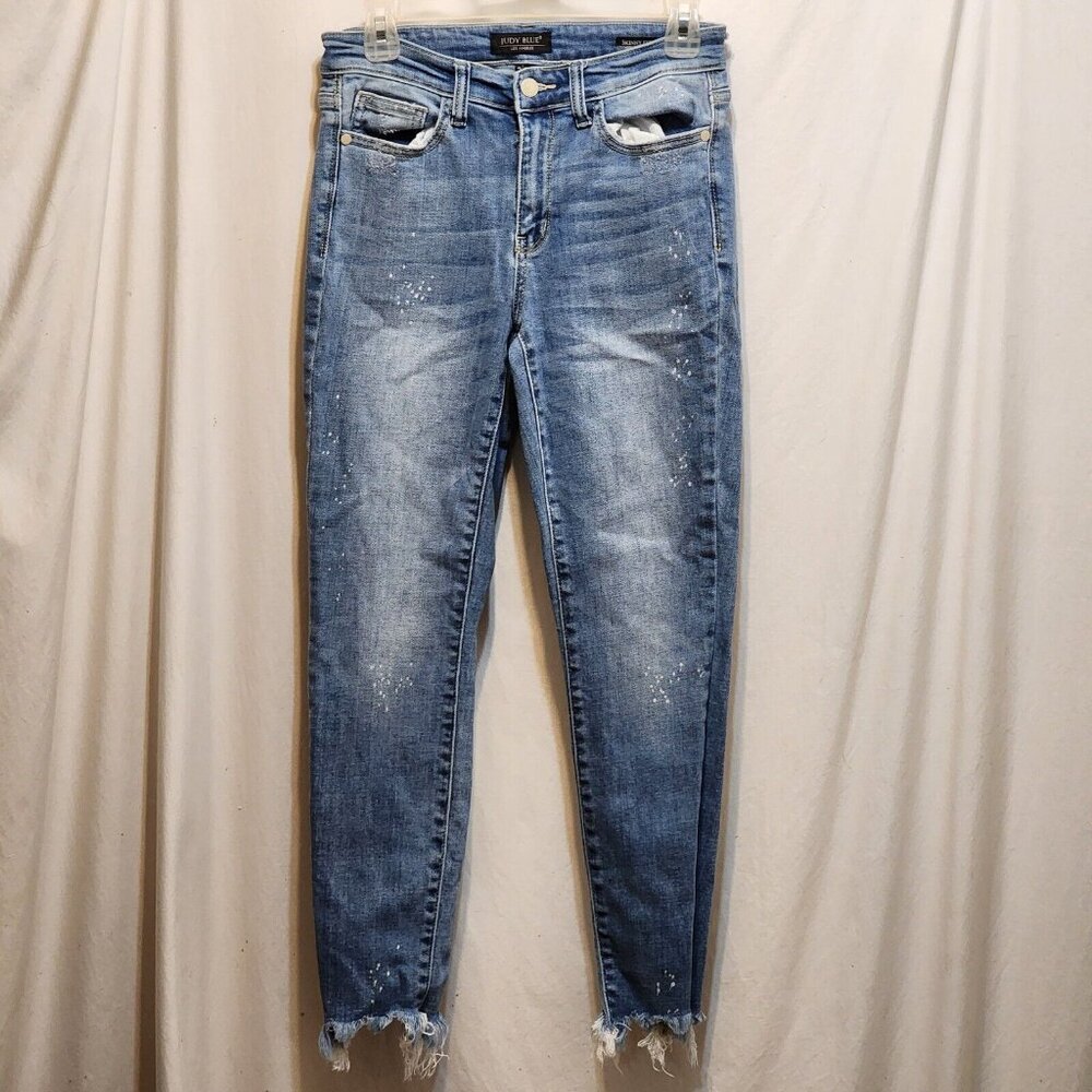 Judy Blue Jeans Paint Splatter Rough Hem Skinny Fit 3/26 Blue Distressed Denim
